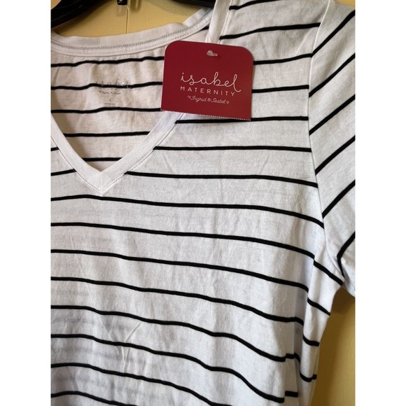 Isabel Maternity Women's White Black Striped Short Sleeve Shirt Large Ruched NWT - Picture 3 of 10